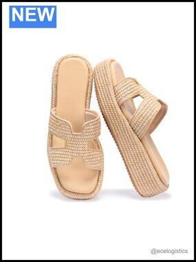 Woven Raffia Slip-On Espadrille Wedge Platform Sandals Summer Beach